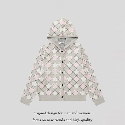 Damen Strick-Kapuzenjacke mit Rautenjacquard und Knopfleiste Drune
