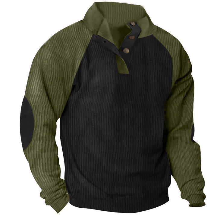 Herren Strukturiertes Raglan-Henley-Pullover mit Stehkragen, Ellenbogenpatches & Knopfleiste Drune