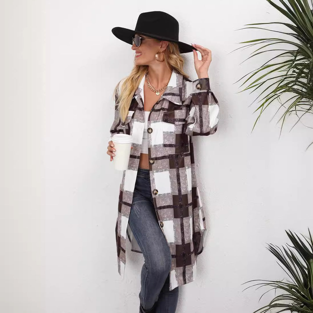 Damen Karomuster Longbluse mit Knopfverschluss und Seitentaschen Drune
