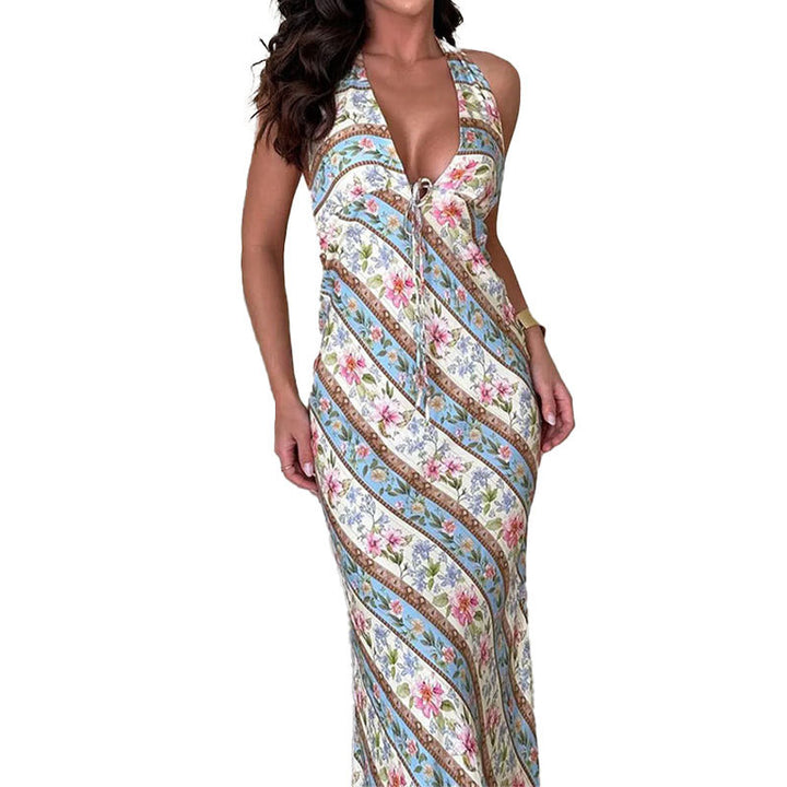Damen Maxikleid mit hochwertigem floralem Design und bindbarem Nacken Drune