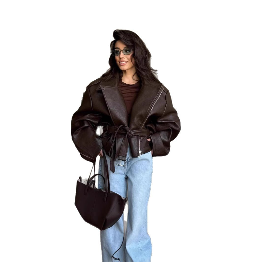 Damen elegante Kunstlederjacke mit Gürtel und übergroßen Ärmeln Drune