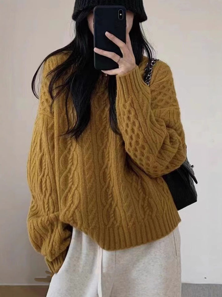 Damen Oversize Zopfmuster‑Pullover mit Rundhalsausschnitt und lässiger Schulterpartie Drune