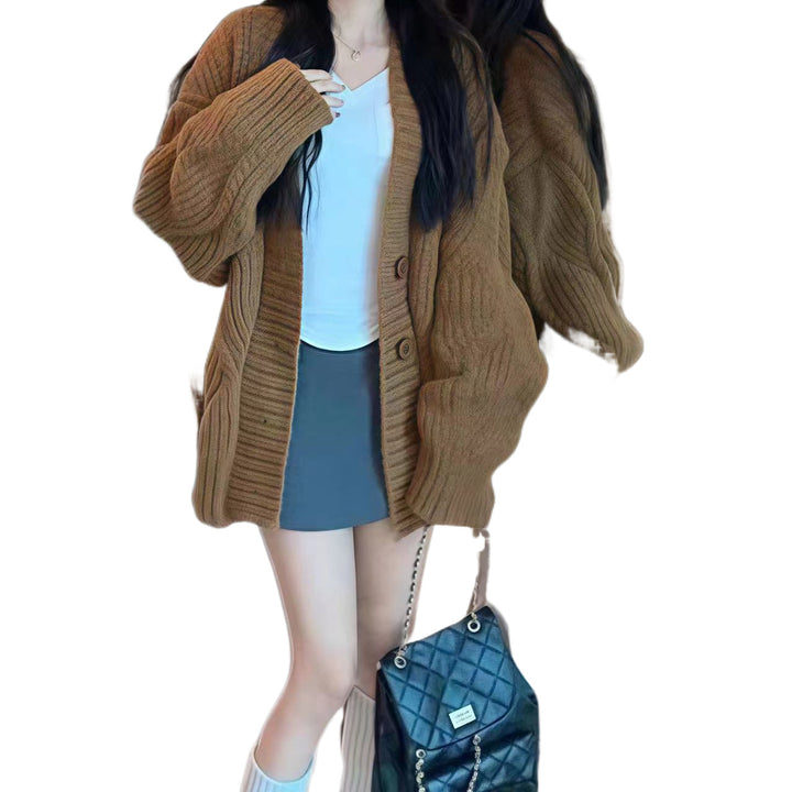 Damen Grobstrickjacke mit übergroßen Ärmel und großen Knopfdetails Drune