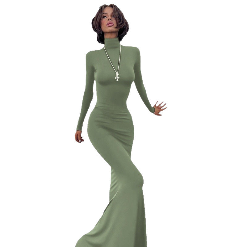 Damen Langarm-Maxikleid mit figurbetontem Schnitt und hohem Kragen Drune