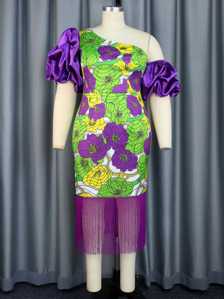 Damen Elegantes Schulterfreies Kleid mit voluminösen Puffärmeln und Fransen Drune