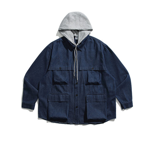 Unisex Boxy-Jeans-Überhemdjacke mit angenähter Kapuze und Multifunktionstaschen Drune