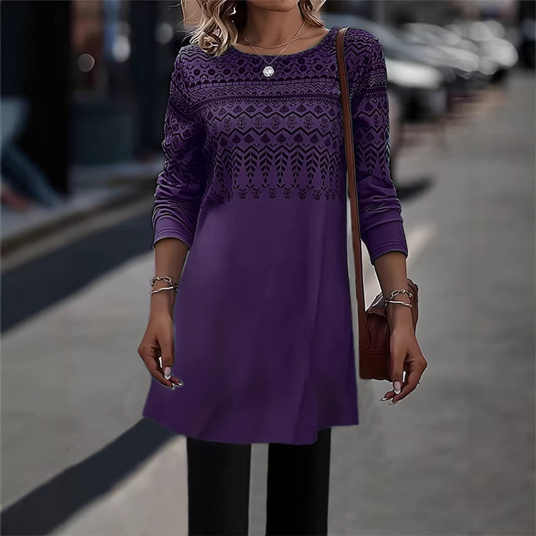 Frauen Longline Tunika Kleid mit Ethno Druck und Rundhalsausschnitt Drune