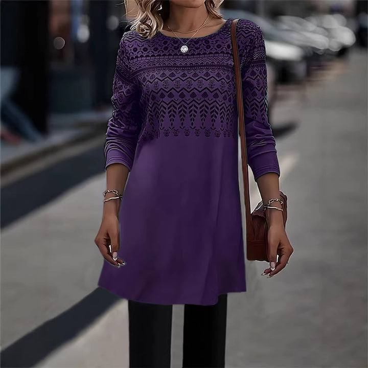 Frauen Longline Tunika Kleid mit Ethno Druck und Rundhalsausschnitt Drune