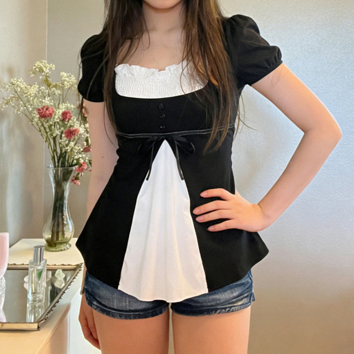 Damen Elegantes Kurzarm-Oberteil mit Plissee und Dekoband Drune