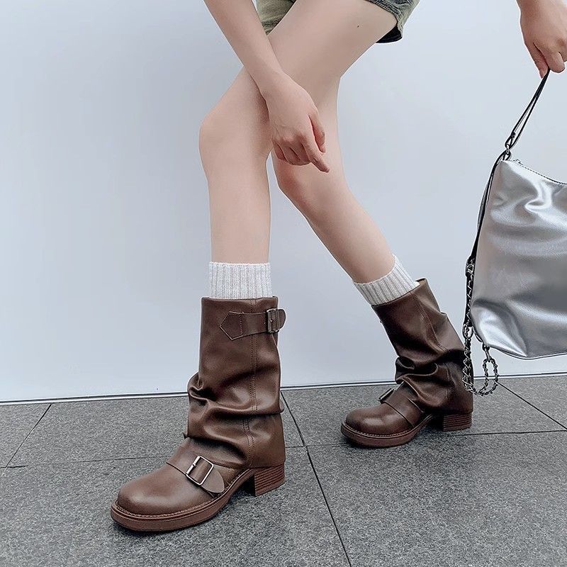 Damen Mid‑Calf Slouch-Bikerstiefel mit doppelter Schnalle und niedrigem Blockabsatz Drune