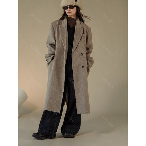 Damen Boxy Langmantel aus Wollmix mit ausgefransten Kanten und Doppelreiher Drune