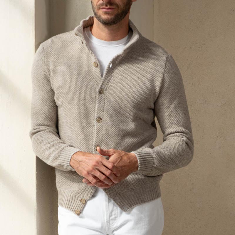 Herren Strukturstrick-Cardigan mit Stehkragen und durchgehender Knopfleiste Drune