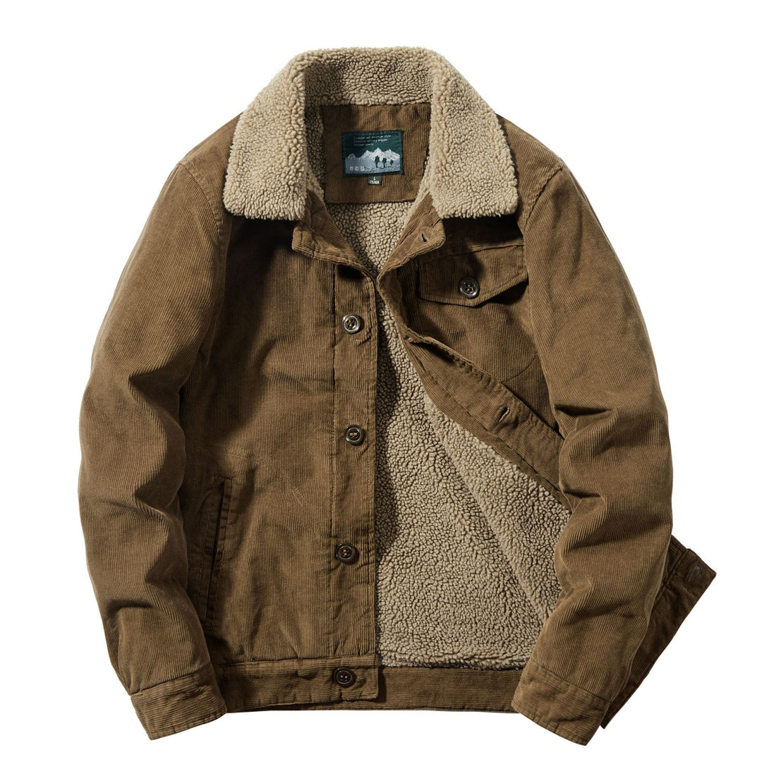 Herren Cord-Truckerjacke mit durchgehendem Sherpa‑Futter und Hemdkragen Drune