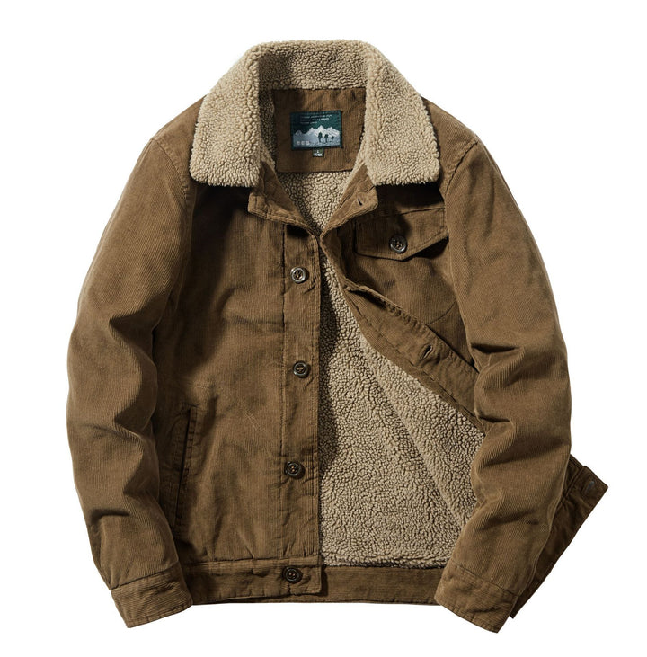Herren Cord-Truckerjacke mit durchgehendem Sherpa‑Futter und Hemdkragen Drune
