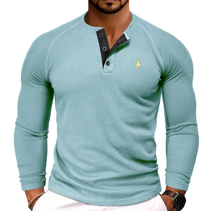 Herren nan strukturiertes Henley-Langarmshirt mit Waffelstruktur, Halbknopfleiste und Raglanärmeln Drune