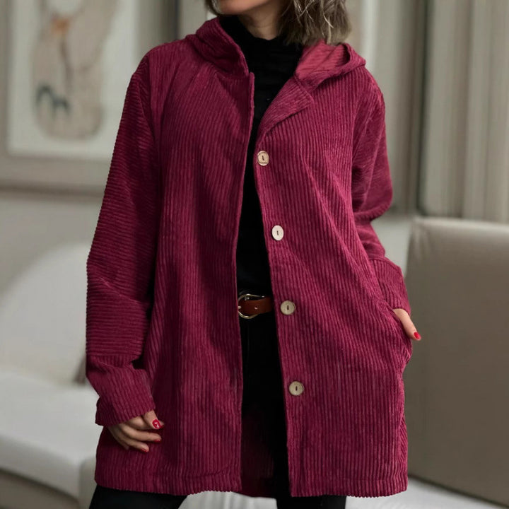 Damen Kuschelige Cordjacke mit Kapuze und Knopfverschluss Drune