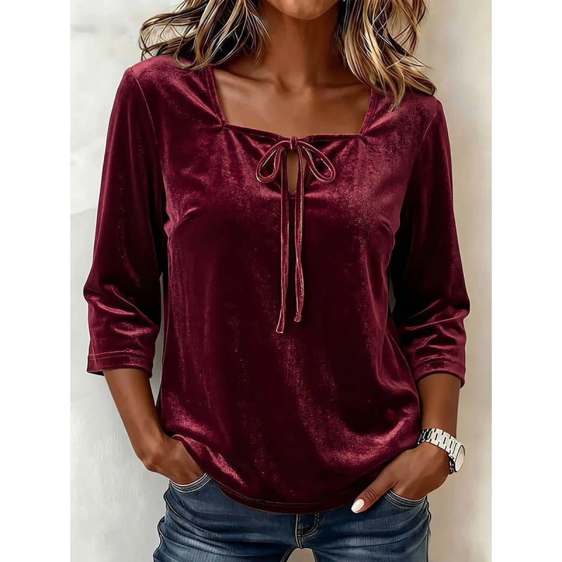Damen Samtbluse mit eckigem Ausschnitt, Kordelzug und dreiviertel Ärmeln Drune