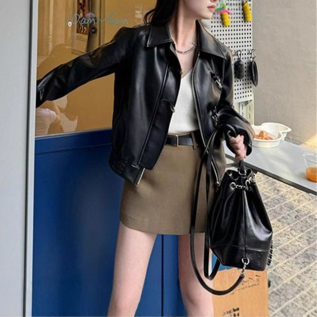Damen trendige Kunstlederjacke mit klassischem Revers Drune