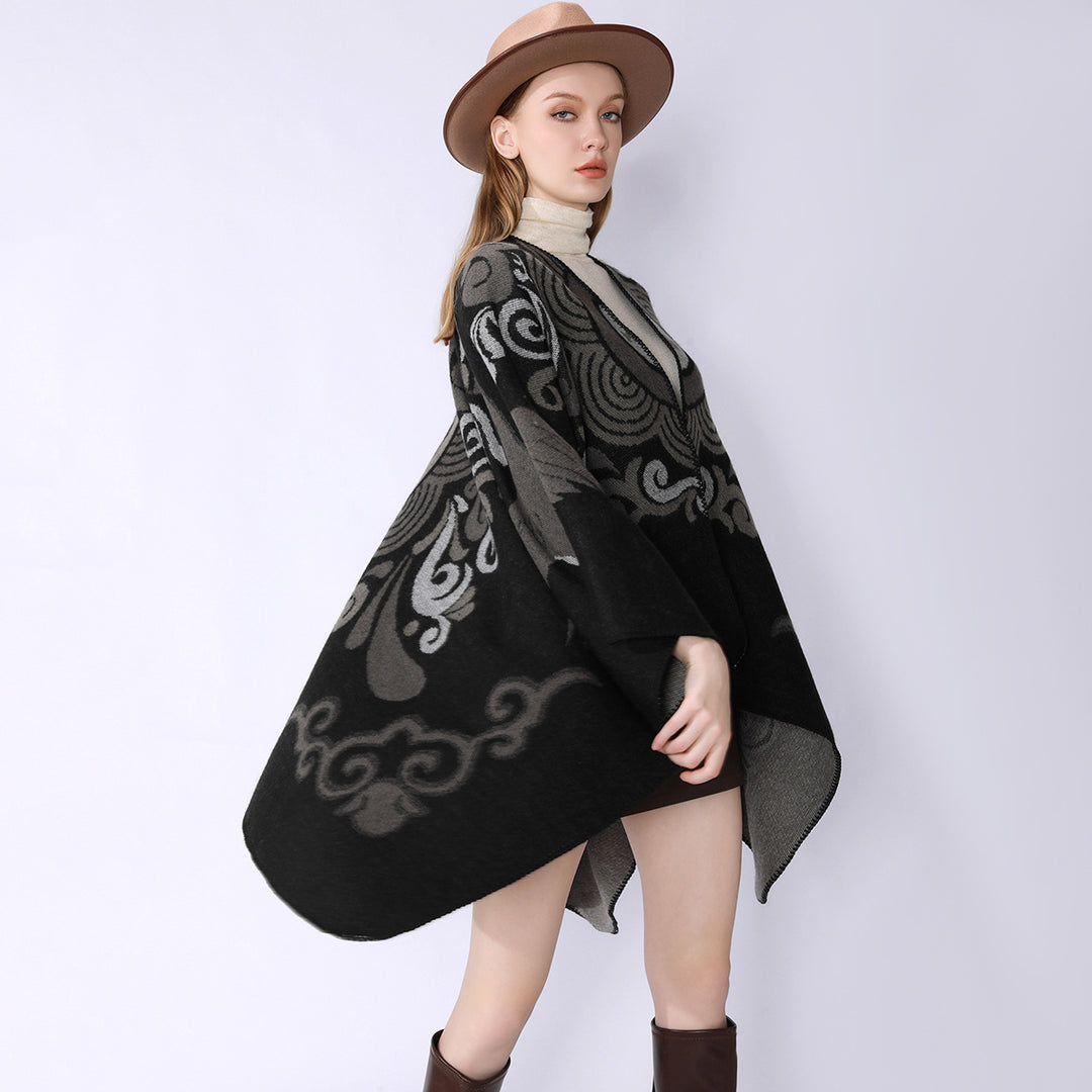 Damen Wollmix-Cape mit ornamentalem Jacquard, asymmetrischem Zipfel und weichfallendem Oversize-Fall Drune