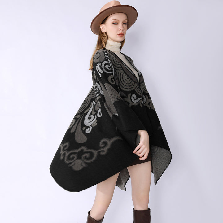 Damen Wollmix-Cape mit ornamentalem Jacquard, asymmetrischem Zipfel und weichfallendem Oversize-Fall Drune