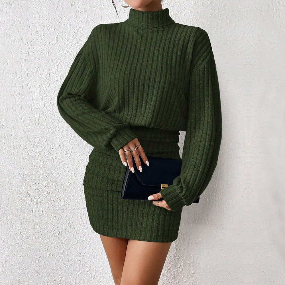 Damen gestricktes zweiteiliges Set mit Rollkragenpullover, geripptem Sculpting‑Minirock und Oversize-Ärmeln Drune