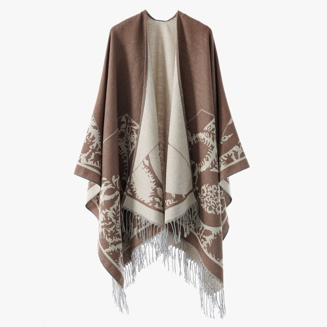 Damen Wendbarer Feinstrick-Poncho mit Jacquardmuster und Fransensaum Drune