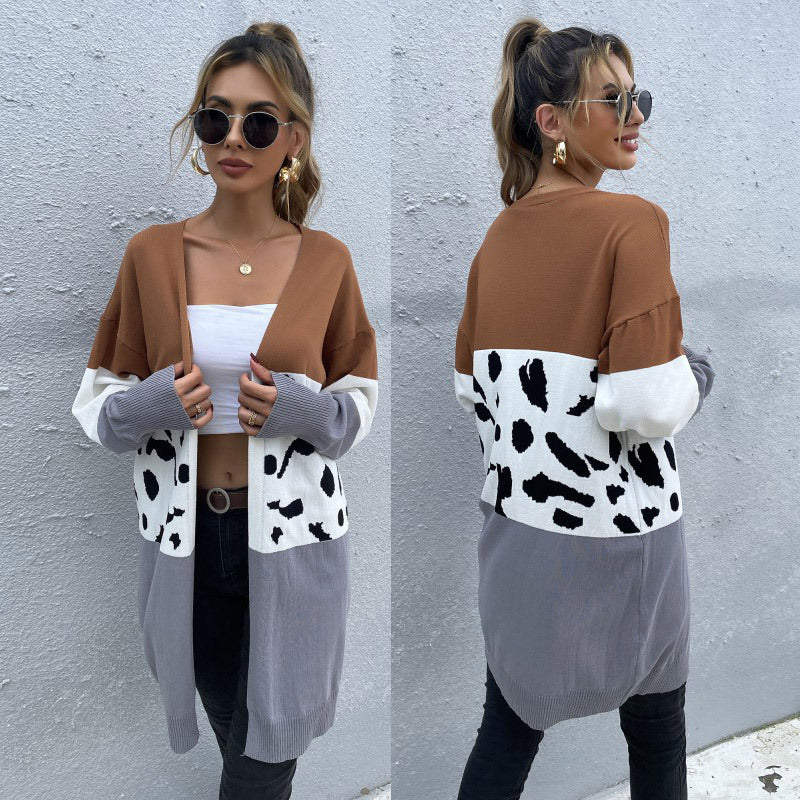 Damen Offene Longcardigan im Blockdesign mit Animal‑Intarsien und gerippten Abschlüssen Drune