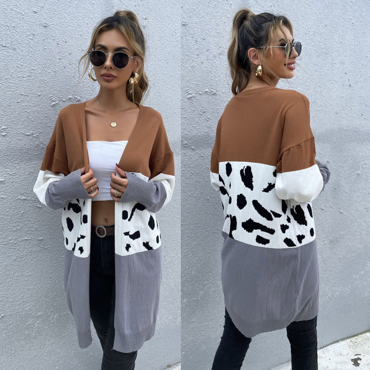 Damen Offene Longcardigan im Blockdesign mit Animal‑Intarsien und gerippten Abschlüssen Drune