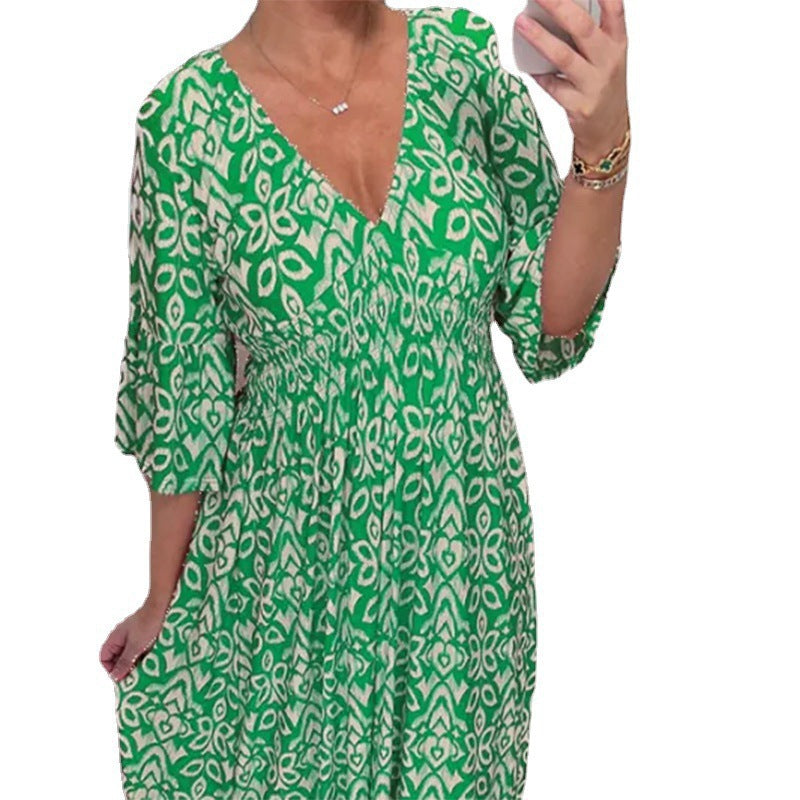 Damen Boho‑Maxikleid mit Smoktaillenband, Wickeloptik‑Dekolleté und Volantärmeln Drune