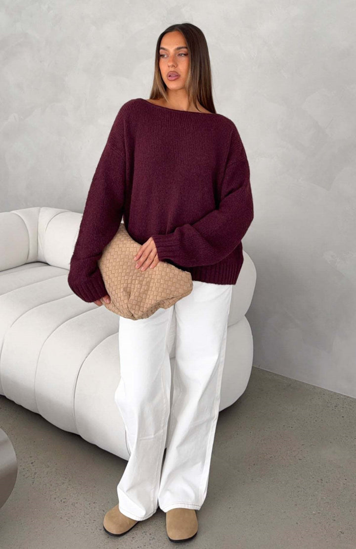 Damen Oversize Bouclé-Pullover mit weitem Boot-Ausschnitt und gerippten Bündchen Drune