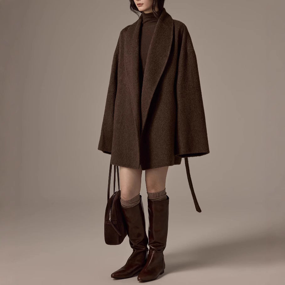 Damen Oversized Wollmantel mit Gürtel Drune