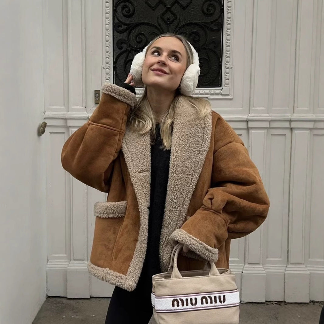 Damen kuschelige Blazerjacke im Teddy-Look mit praktischem Taschen Drune