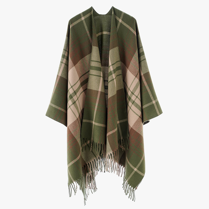 Damen Reiner Wolloptik-Überwurf im Tartan-Karo mit offener Front und Fransensaum Drune