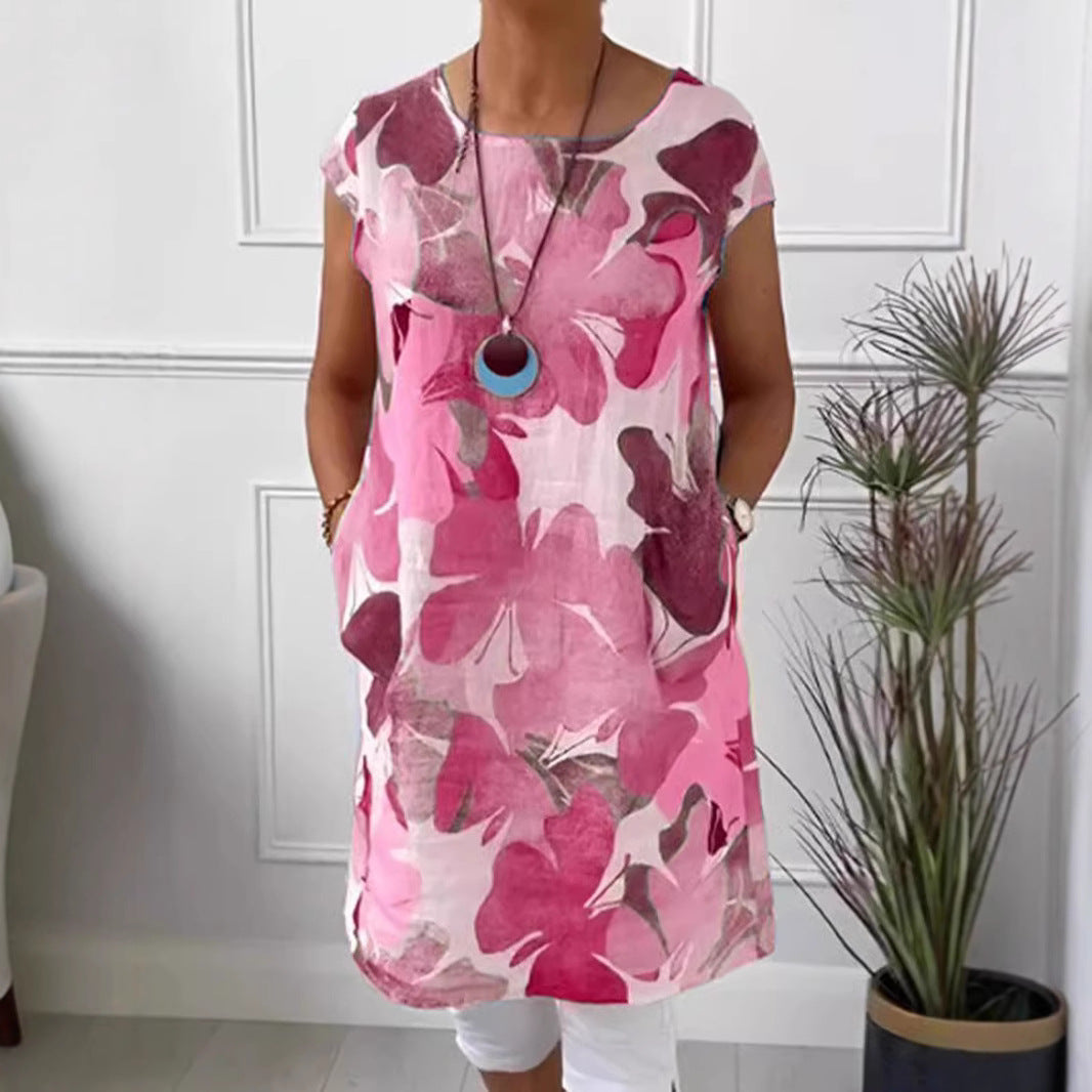 Damen nan luftiges Tunika-Midikleid aus Leinenmix mit Aquarellblütenprint und Seitentaschen Drune