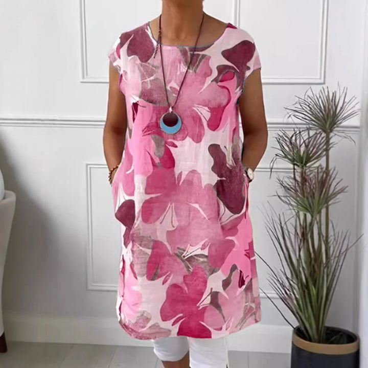 Damen nan luftiges Tunika-Midikleid aus Leinenmix mit Aquarellblütenprint und Seitentaschen Drune