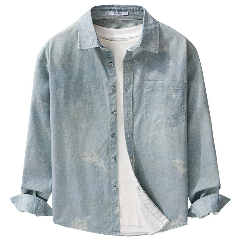Herren Denim-Overshirt mit Used‑Effekt und Brusttasche Drune