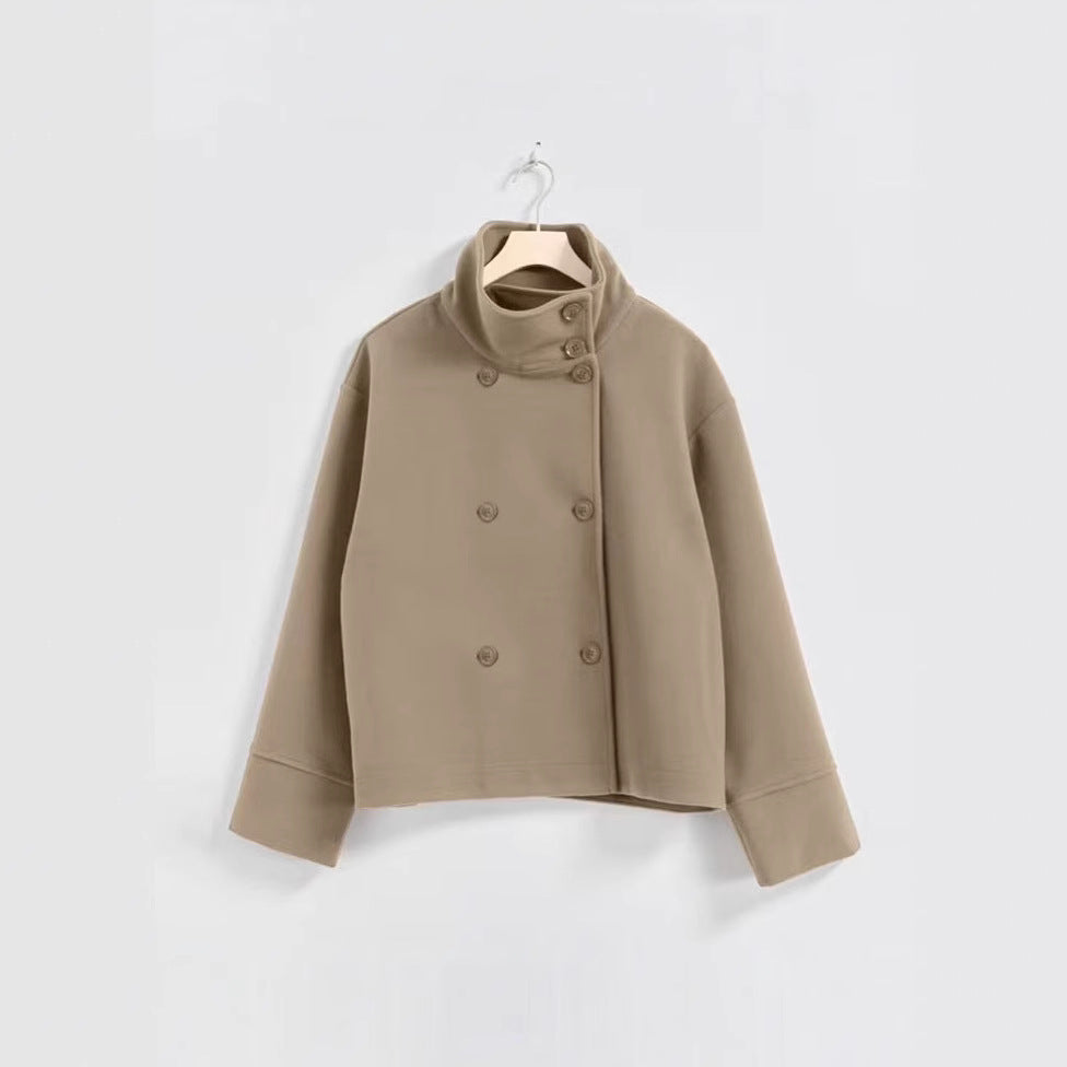Damen Modische Cropped Jacke mit hohem Kragen und doppelter Knopfleiste Drune