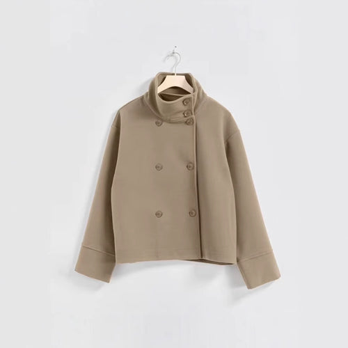 Damen Modische Cropped Jacke mit hohem Kragen und doppelter Knopfleiste Drune
