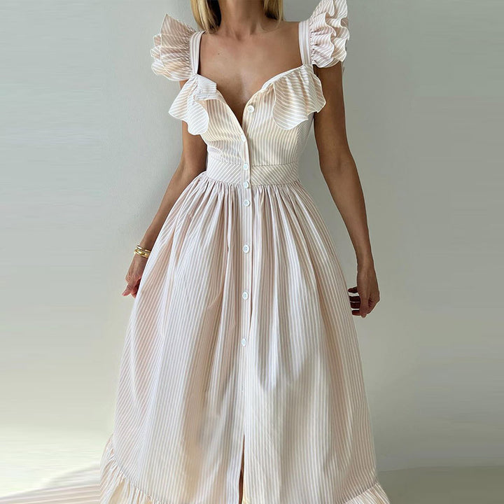 Damen Maxikleid mit Rüschendetails und Knopfleiste Drune