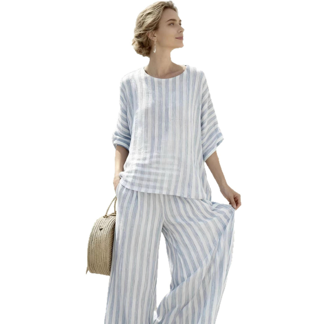 Damen Zweiteiliges gestreiftes Leinen‑Optik Lounge‑Set mit Oversize‑Bluse und High‑Waist Palazzo Drune