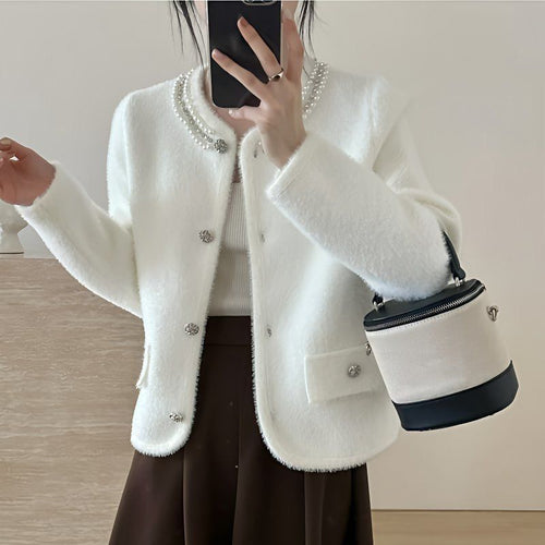 Damen Flauschige Strickjacke mit dekorativen Perlen Drune