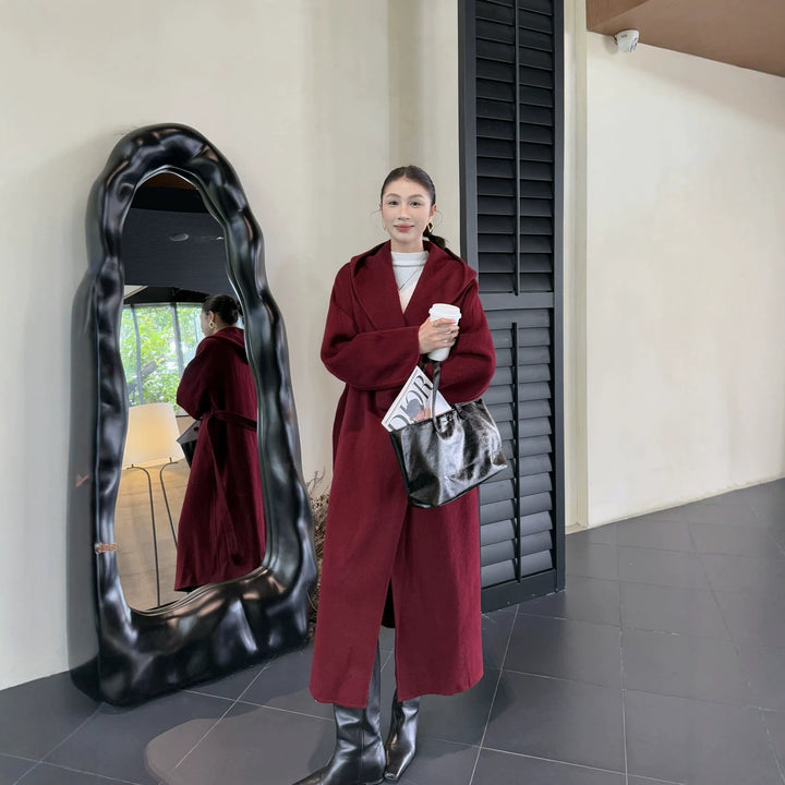 Damen Oversize Wollmantel mit Schalkragen und verdeckter Knopfleiste Drune