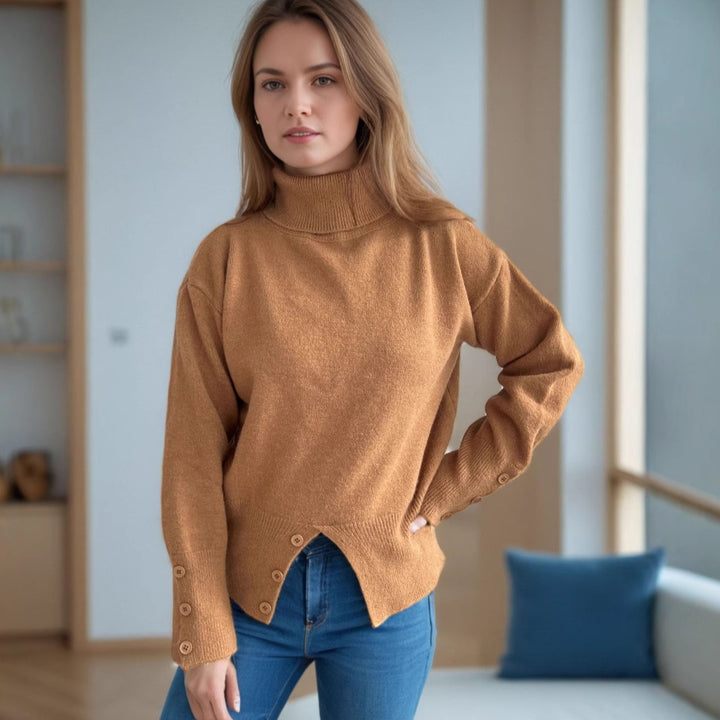 Damen gemütlicher Rollkragenpullover mit Knopfdetails Drune