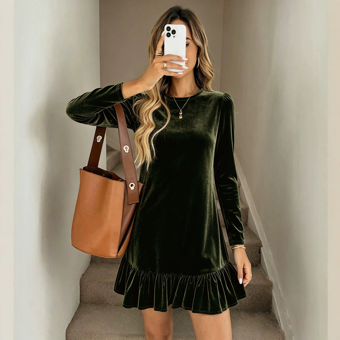 Damen Samt-Minikleid mit langen Ärmeln gerafftem Volantsaum und Puffschultern Drune