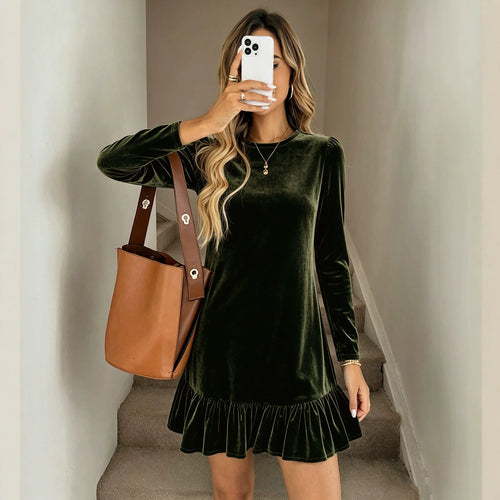 Damen Samt-Minikleid mit langen Ärmeln gerafftem Volantsaum und Puffschultern Drune