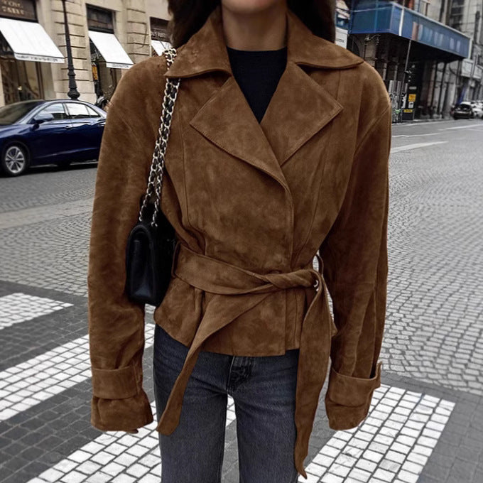 Damen Modische Suede-Blazerjacke mit tailliertem Design und Raffungen Drune