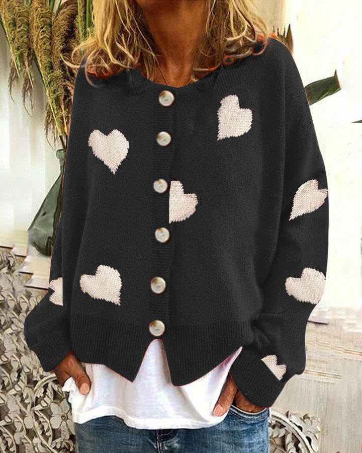 Damen Geknöpfter Oversize-Strickcardigan mit Herz-Jacquard und Perlmuttknöpfen Drune