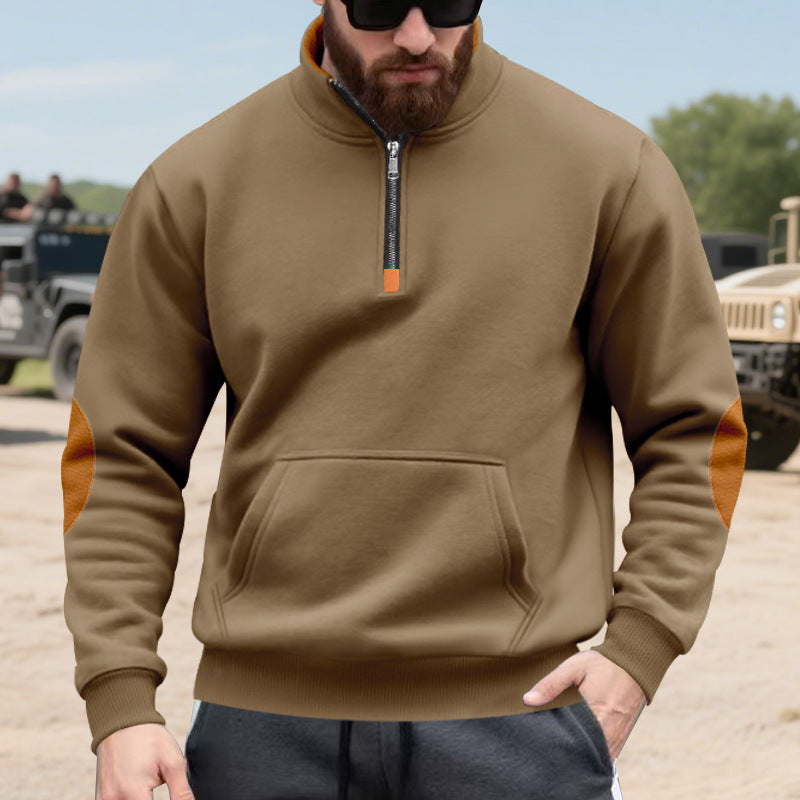 Herren nan Halbzip-Sweatshirt mit Stehkragen, Kängurutasche und kontrastierenden Ellbogenpatches Drune