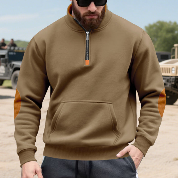 Herren nan Halbzip-Sweatshirt mit Stehkragen, Kängurutasche und kontrastierenden Ellbogenpatches Drune