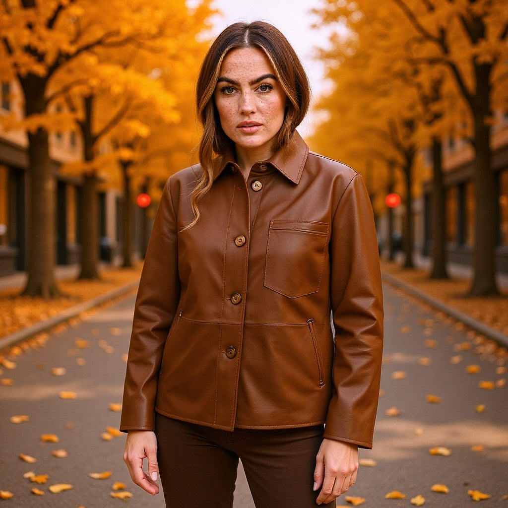 Damen Overshirt-Jacke in Lederoptik mit aufgesetzter Brusttasche und verdeckter Knopfleiste Drune
